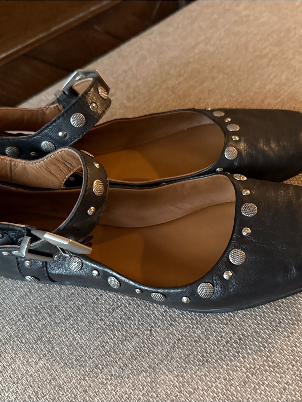 Free People Black Studded Ankle-Strap Flat Shoes